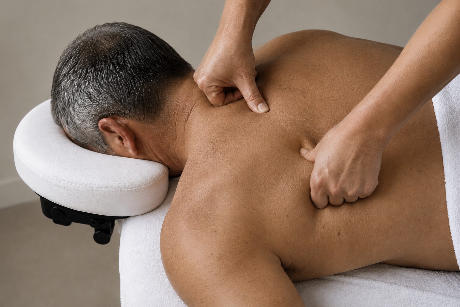 Deep tissue remedial massage treatment for upper back and shoulder